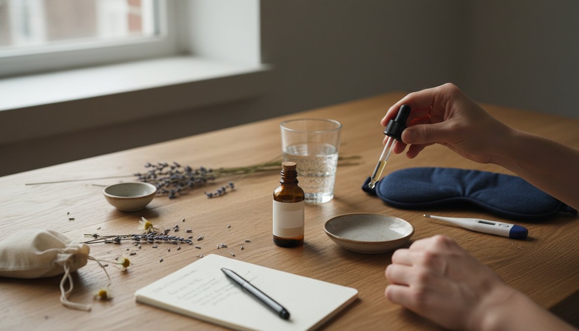 Person holding a glass CBD oil dropper beneath their tongue in a dimly lit bedroom at night, warm amber lamp glowing on the nightstand, suggesting a calm pre-sleep routine