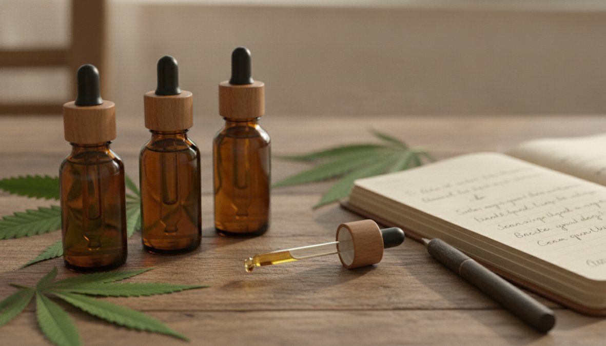 Close-up of CBD oil tincture bottles with droppers on a wooden surface, with hemp leaves and a notebook nearby, natural daylight