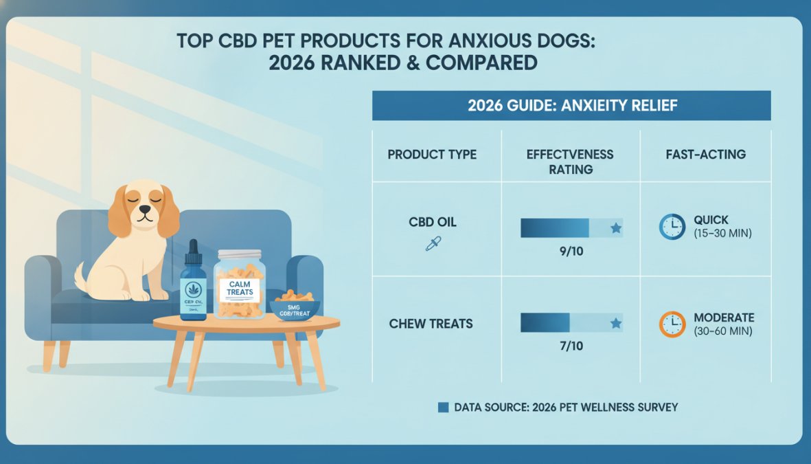 A small golden retriever sitting calmly on a cream-colored couch next to a glass dropper bottle of CBD oil and a small jar of dog treats on a warm wooden side table, soft natural window light in the background