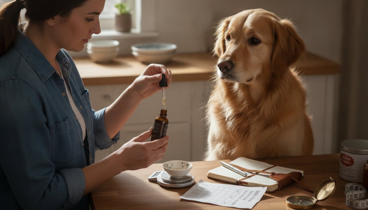A woman carefully measuring CBD oil into a glass dropper at a bright kitchen counter while a medium-sized brown dog sits attentively beside her, clean white cabinetry and natural daylight in the background