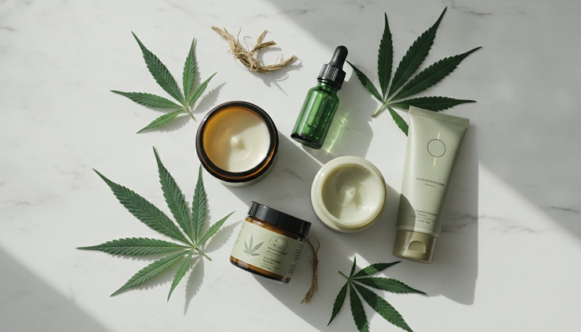 Flat-lay overhead photograph of several CBD cream jars and balm sticks arranged on a clean white marble surface alongside fresh green hemp leaves and a small amber dropper bottle, with soft natural daylight from the left side