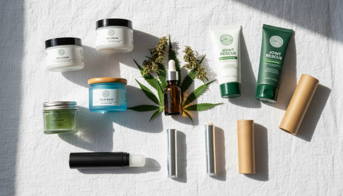 Flat-lay arrangement of several CBD topical products including creams, gels, and balm sticks on a clean white surface, surrounded by green hemp leaves and a small glass dropper bottle, photographed under bright studio lighting