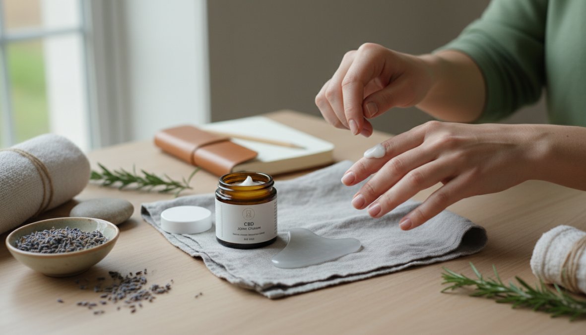 Close-up of a person's hands gently massaging white CBD cream into the knuckles and wrist joint area, with soft natural lighting and a clean marble surface in the background