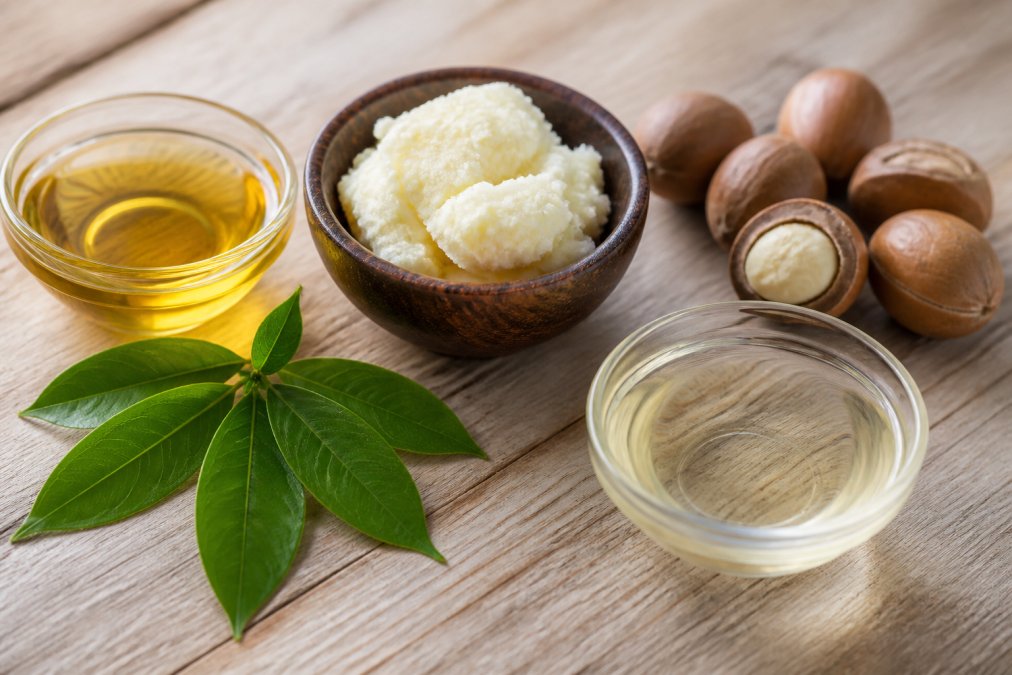 Flat lay of natural ingredients including golden coconut oil in a small glass bowl, creamy shea butter, organic plant leaves, and translucent kukui nut oil arranged on a light wooden surface with soft natural lighting