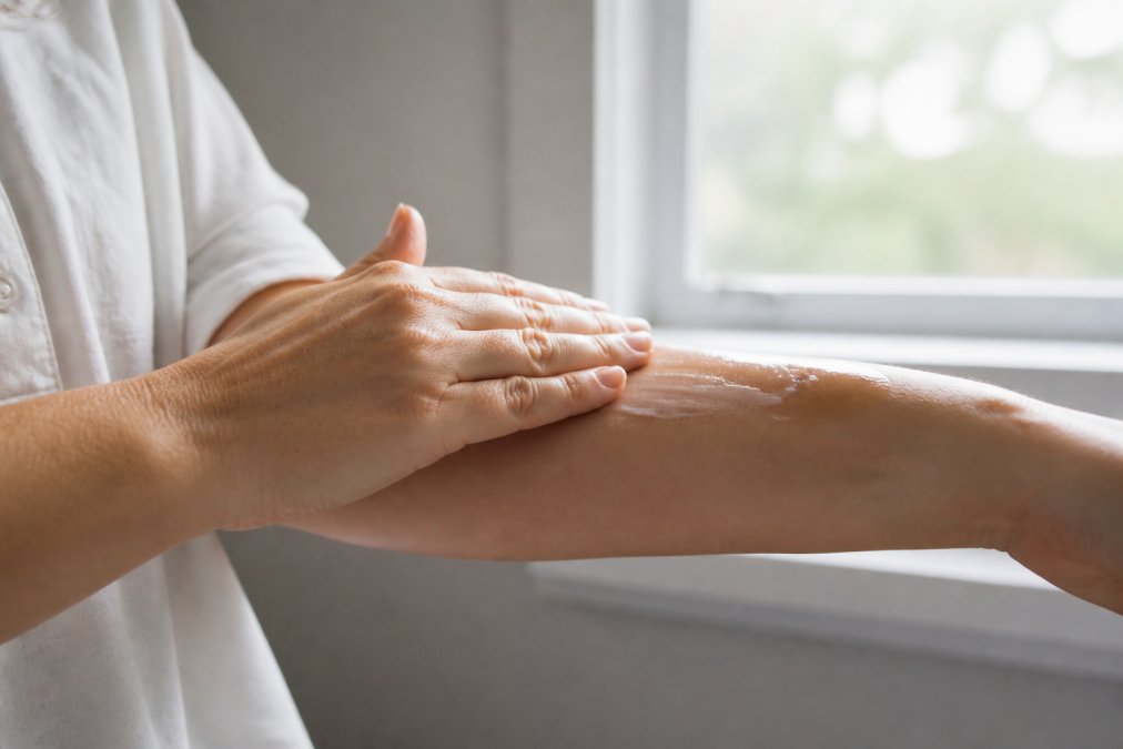 Close-up of hands gently applying CBD lotion to forearm skin using small circular massage motions, showing the translucent cream texture absorbing into the skin, with natural window lighting illuminating the application technique
