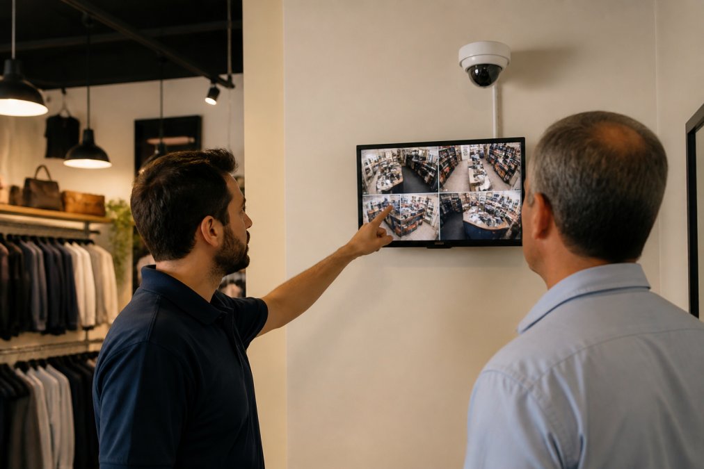 Security technician and owner reviewing the best cctv for small business camera feed on a retail monitor