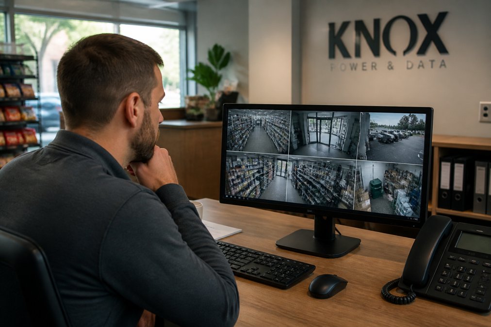 Small business owner reviewing live CCTV camera feeds on desktop monitor in retail shop office, surveillance dashboard displaying multiple camera angles with timestamp overlays, modern office lighting