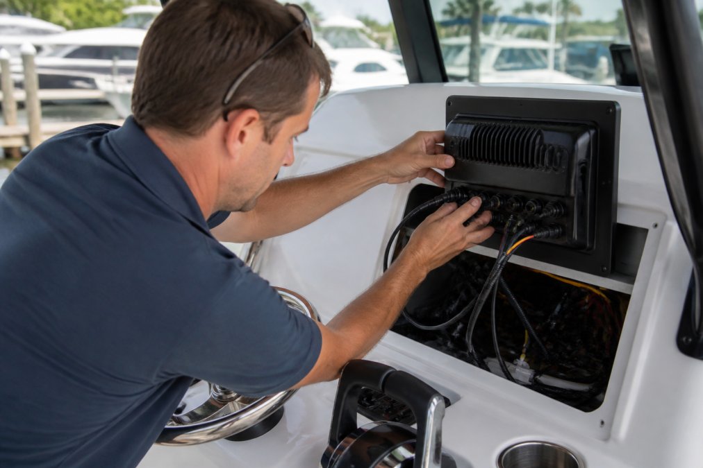 Marine technician installing Garmin multifunction display screen in center console helm station, with NMEA 2000 network cables and power harnesses visible being connected to the unit