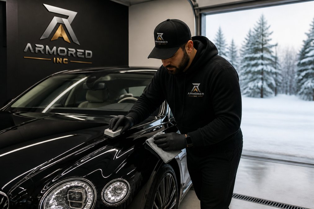 A professional detailer applying ceramic coating to a dark luxury car in a clean, well-lit garage, with applicator block and microfiber cloth in hand, snow visible outside the open bay door