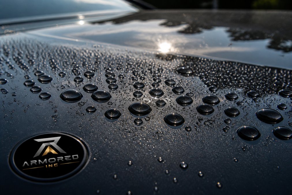 Close-up of luxury car's glossy paint surface with crystal-clear water beads forming perfect spheres, showing hydrophobic sheeting effect and deep reflective finish in natural sunlight