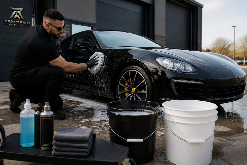 Professional detailer washing luxury vehicle with pH-neutral shampoo using microfiber wash mitt and two-bucket method, demonstrating proper ceramic coating maintenance technique in bright daylight