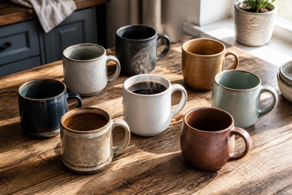 Flat-lay of eight ceramic mugs in earthy tones, matte glazes, and varied shapes arranged on a worn oak kitchen counter with a steaming white mug at the center and morning sunlight casting soft shadows