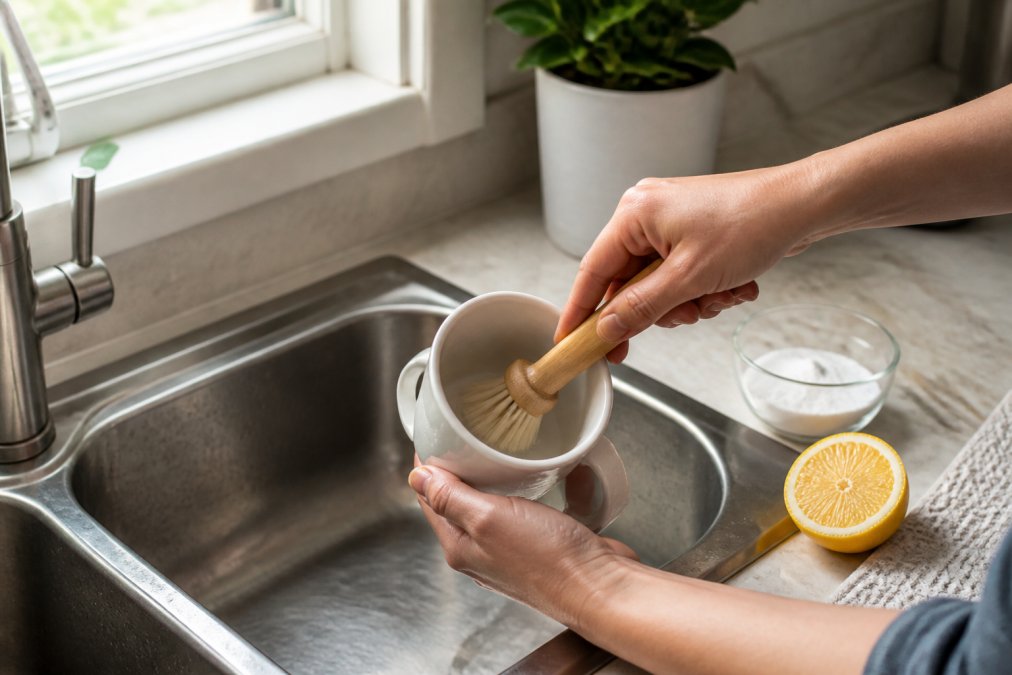 Close-up of hands gently scrubbing the inside of a white ceramic mug with a soft bristle brush over a stainless steel kitchen sink, with a small bowl of baking soda and a halved lemon resting on the counter beside it, warm natural light from a window above