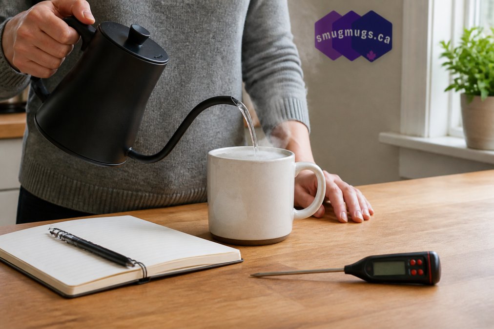 Close-up of hands pouring hot water from a gooseneck kettle into a ceramic mug on a wooden kitchen counter, notebook and thermometer beside it, soft morning window light