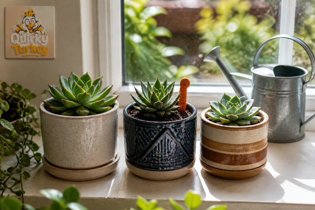 Three stylish ceramic plant pots with succulents and a terracotta water sensor on a sunny windowsill
