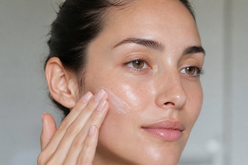 Close-up of a person applying moisturizer to their face, showing healthy, glowing skin texture with visible hydration and smooth complexion