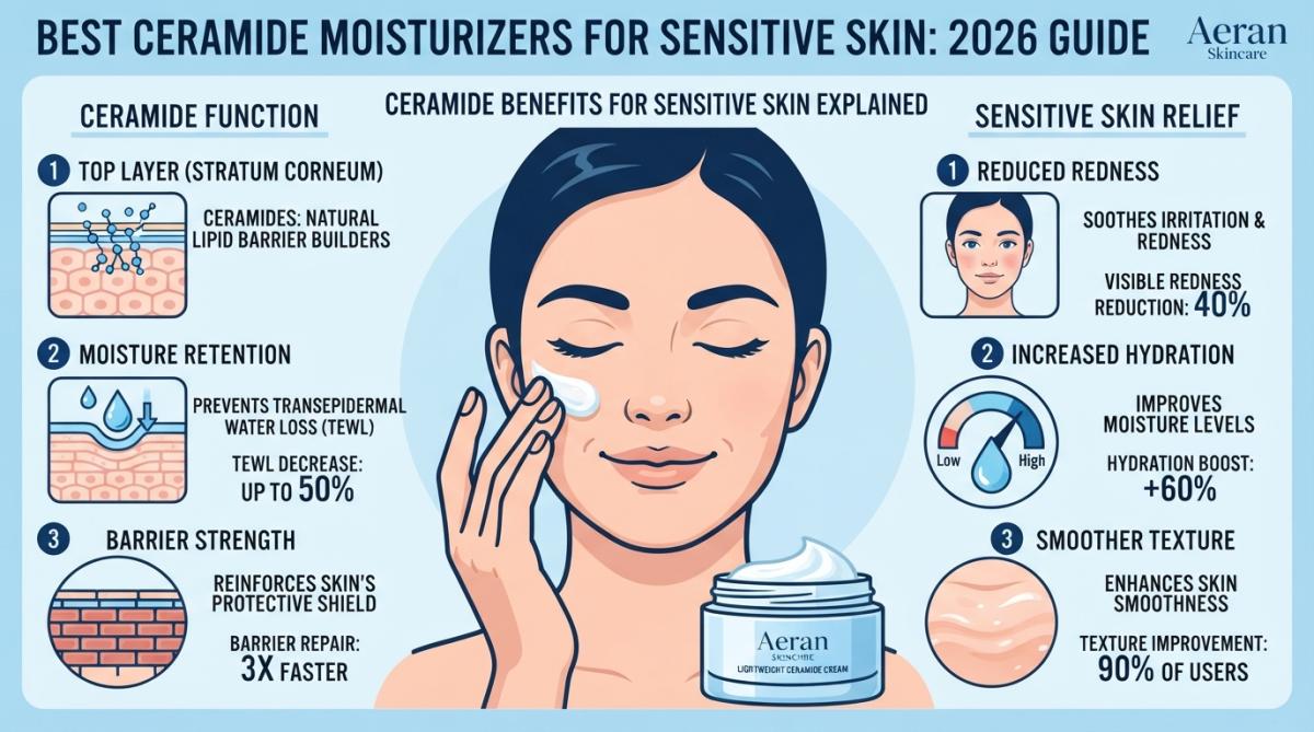 Close-up of a person's hand gently applying a lightweight ceramide moisturizer to their cheek, showing the product absorbing smoothly into skin with a calm, satisfied expression