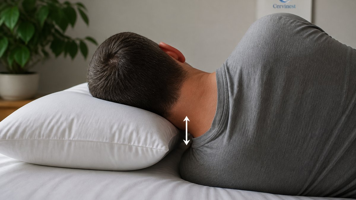 Diagram showing correct neck alignment and pillow loft for side sleepers with broad shoulders.