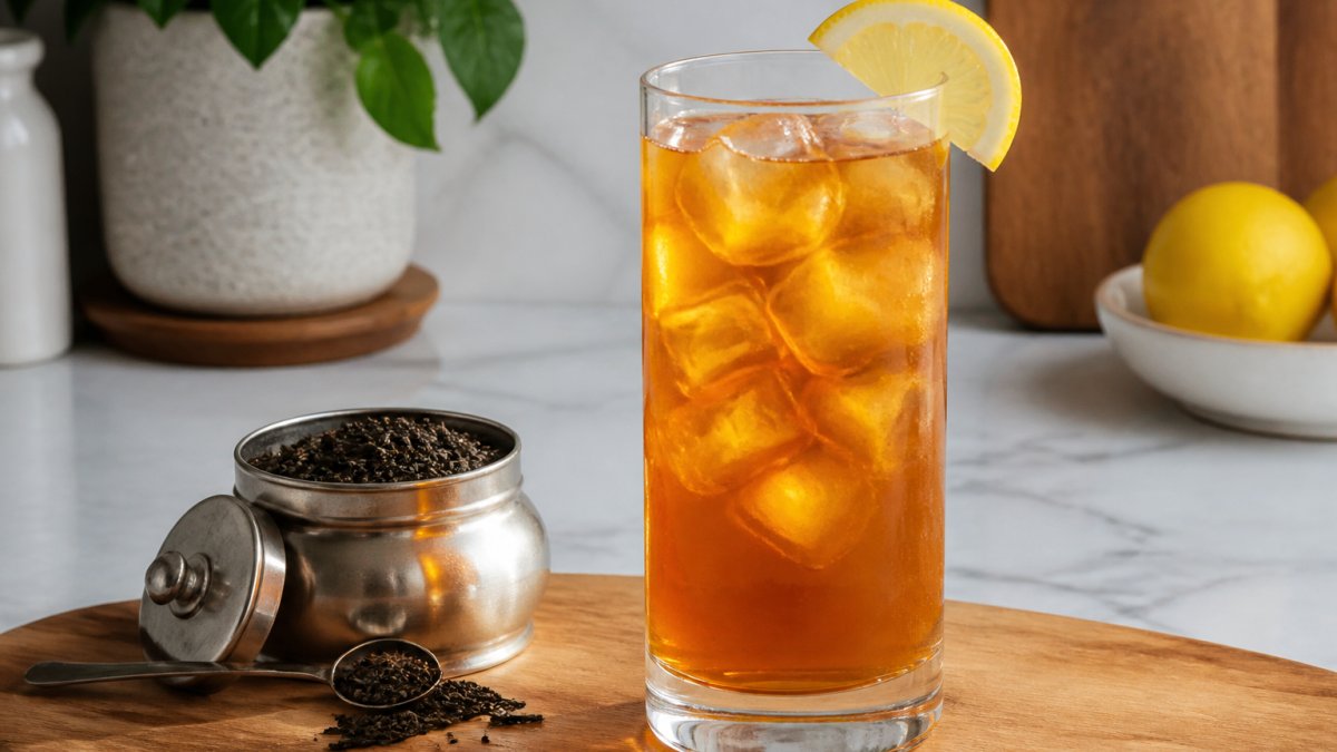 Tall glass of amber iced tea with a lemon slice next to loose tea leaves on a bright kitchen bench