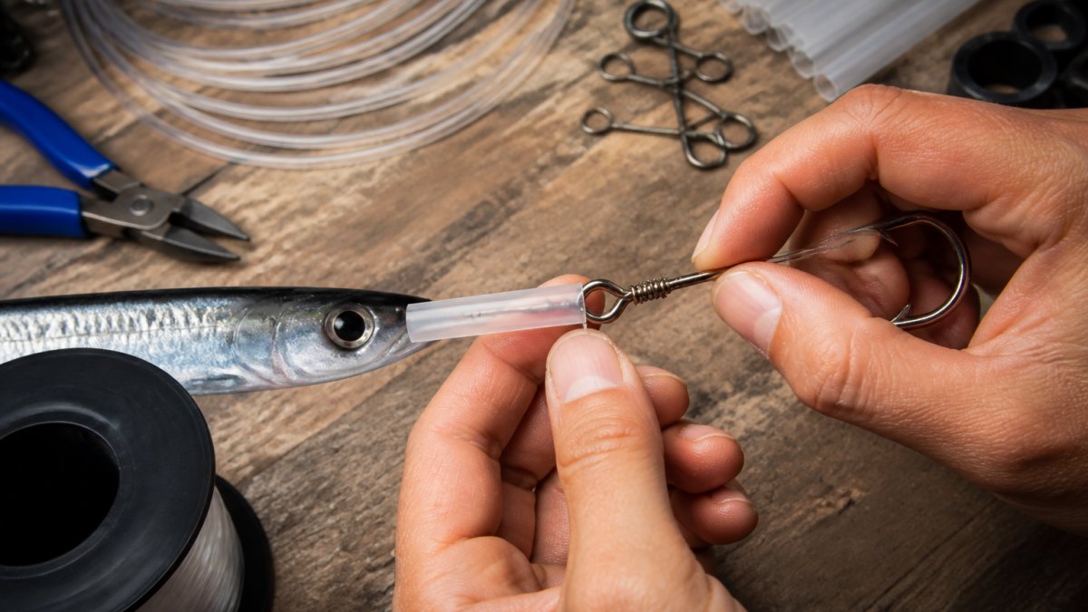 Close-up of hands positioning chafe tubing around a crimped leader connection on a ballyhoo rig, with the tubing covering the crotch break point where the leader meets the hook eye