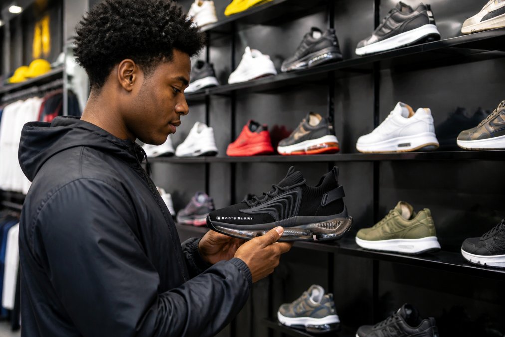 Person selecting sneakers from a retail display shelf, examining the shoe closely with multiple styles visible in the background