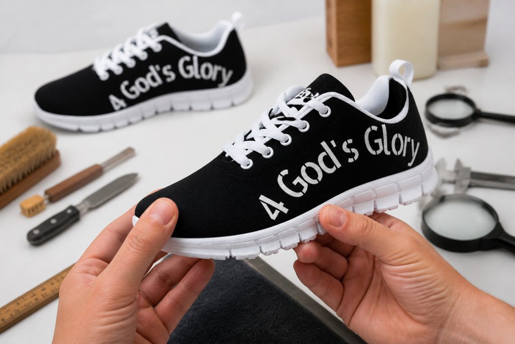 Close-up hands holding a sneaker, inspecting the stitching, logo details, and material quality against a white background