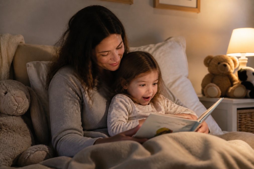 A parent and young child cuddled together on a cozy bed reading a colorful picture book, warm lamp light, stuffed animals nearby, expressions of curiosity and joy
