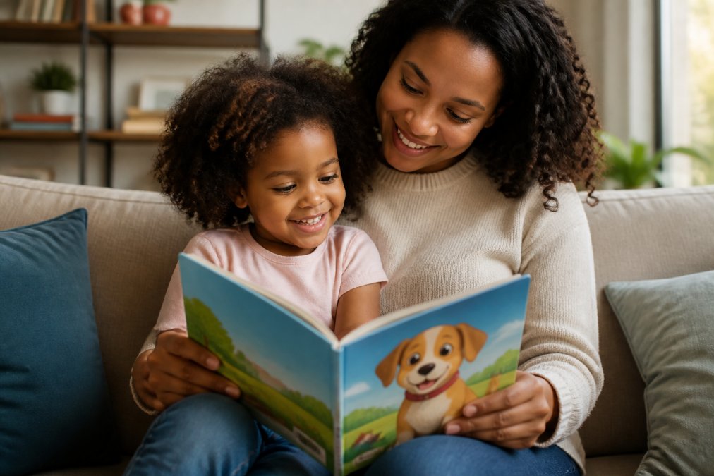 A parent and young child sitting together on a couch, reading a colorful picture book with a dog character on the cover, both smiling and engaged