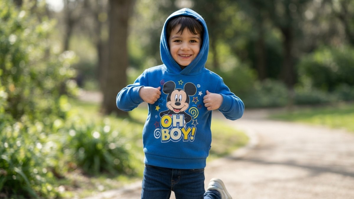 Child wearing a vibrant character hoodie outdoors in natural sunlight, smiling while showing off the graphic print design clearly visible on the chest
