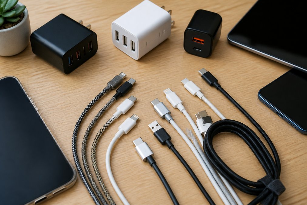 Overhead shot of various charging cables and multi-port chargers arranged on a clean desk with smartphones and tablets nearby, showing USB-C, Lightning, and Micro-USB connectors in different cable colors and materials