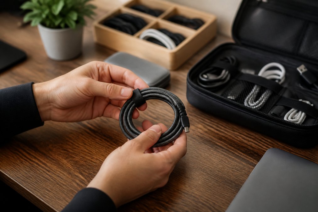 Close-up of hands carefully coiling a charging cable with visible strain relief, demonstrating proper cable storage technique in an organized workspace with cable organizers visible