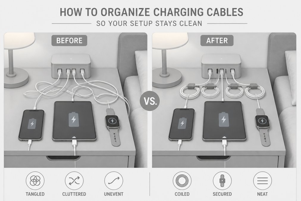 Infographic illustrating the process of organizing cables and devices on multi-port charging stations.