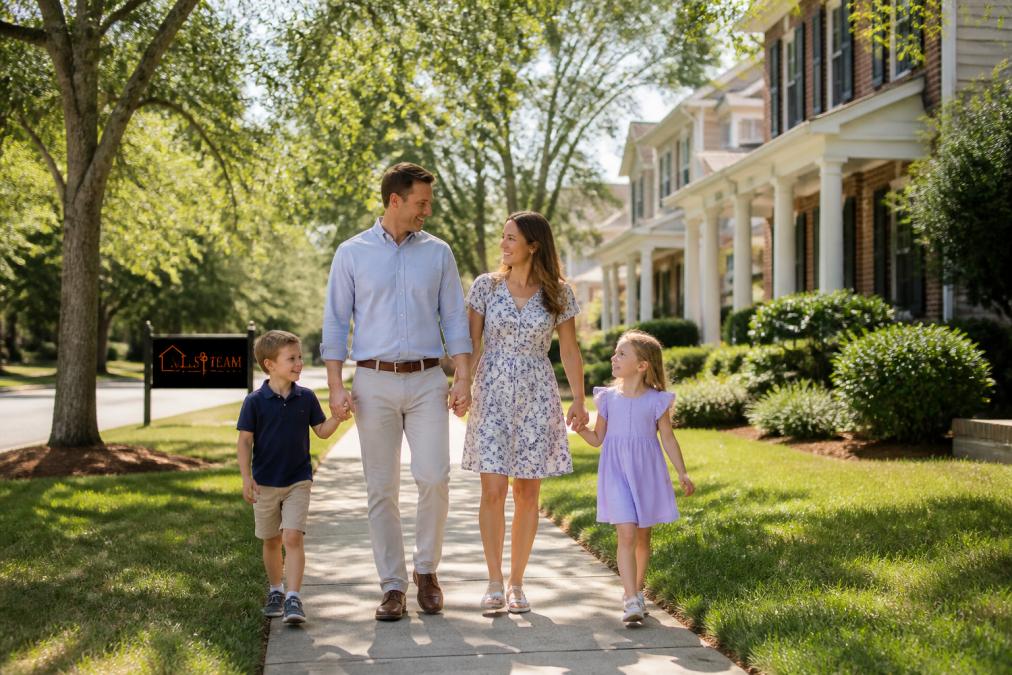 A family with two young children walking along a tree-lined sidewalk in a well-kept suburban neighborhood on a sunny afternoon, with brick homes and green lawns visible in the background