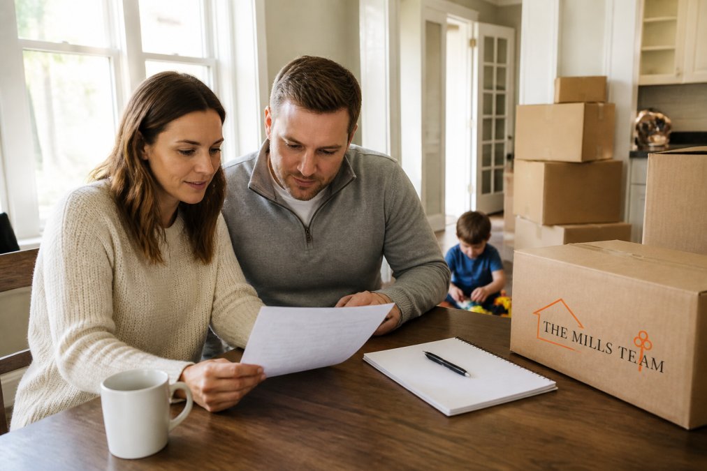 Parents reviewing a printed checklist together at a kitchen table with moving boxes stacked in the background and a child playing nearby, warm natural light from a window
