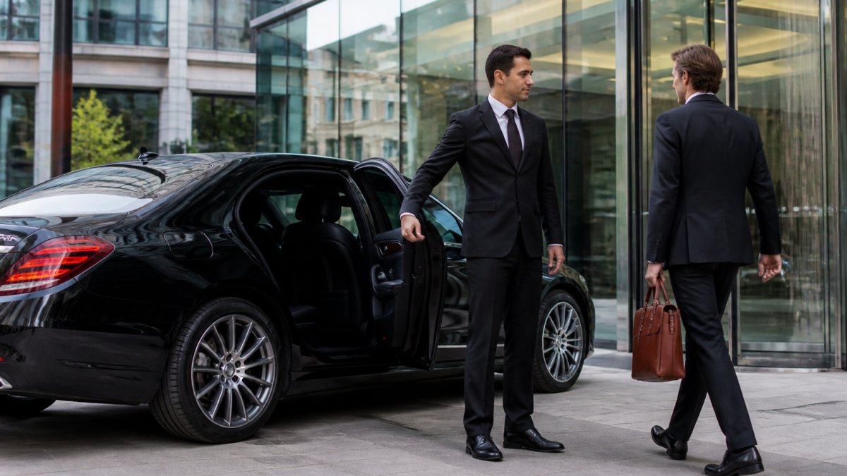 A chauffeur in a dark suit holding the rear door of a black Mercedes S-Class open for a business executive outside a modern glass office building in London