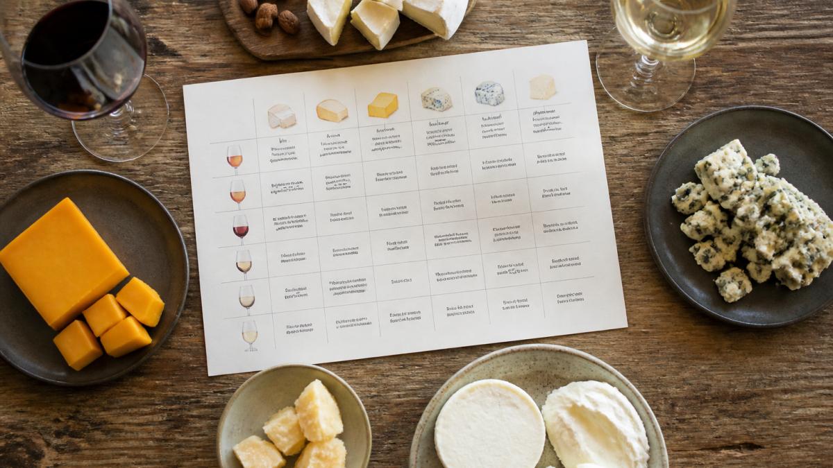 Overhead shot of a rustic wooden table with a wine and cheese pairing chart printed on paper, surrounded by a glass of red wine, a glass of white wine, and small plates of various cheeses including brie, cheddar, and blue cheese, soft natural window light