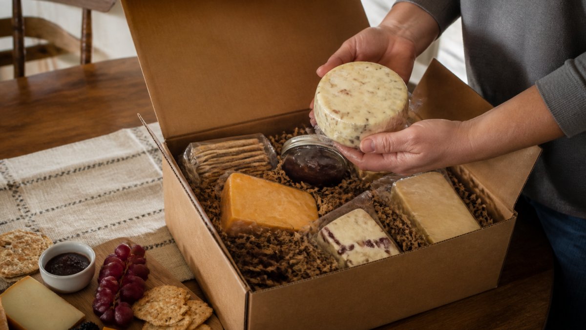 A wooden table set with an open cheese subscription box, showing wrapped artisan cheeses, crackers, and a small jar of spread, with a person's hands lifting one cheese wheel