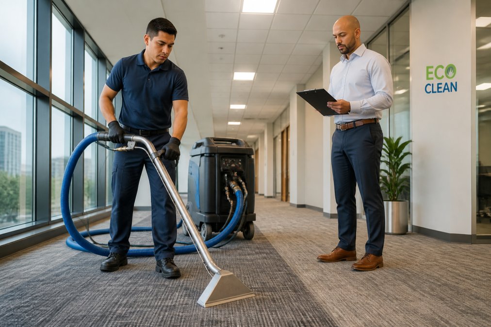 A commercial cleaning technician in uniform operating a truck-mounted hot water extraction wand on a large office carpet, with a property manager reviewing a clipboard nearby in a bright commercial hallway