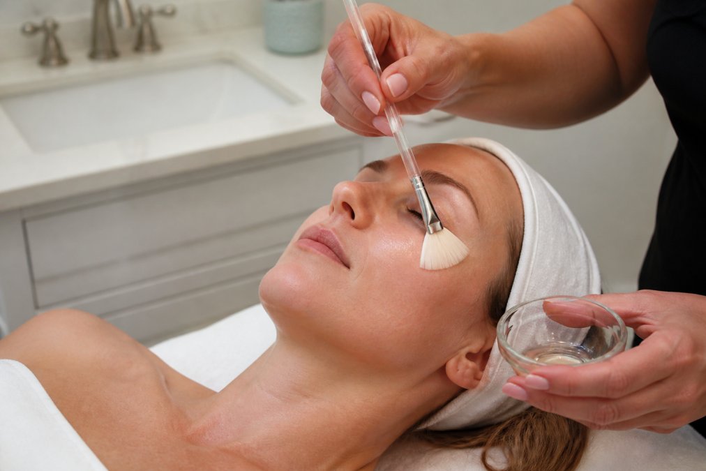 Hands carefully applying chemical peel solution to facial skin with a brush in controlled strokes, showing proper application technique in a clean, well-lit bathroom setting