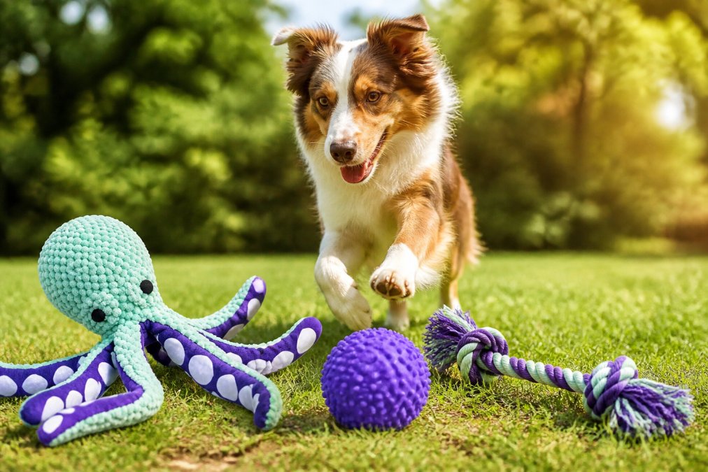 Medium-sized dog actively playing with multiple chewy alternatives including a plush toy, herding ball, and rope tug toy scattered on grass in a sunny outdoor setting