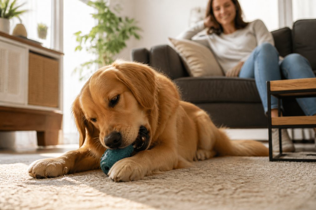 A happy golden retriever lying on a living room rug, chewing on a durable dental chew toy while its owner watches from a nearby sofa in warm afternoon light