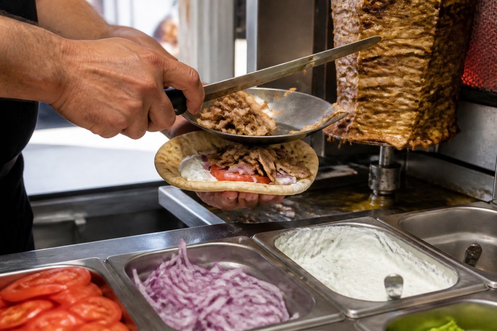 A cook's hand carving thin slices of chicken from a vertical rotisserie directly onto a warm pita, with tomato, onion, and tzatziki sauce on the counter in a casual Greek restaurant