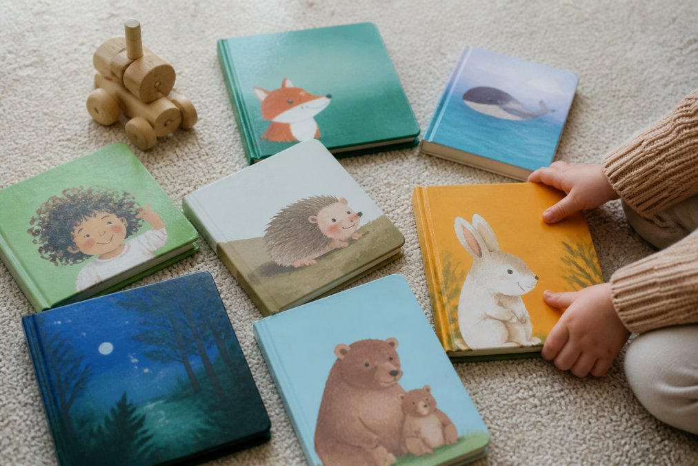 Child's hands reaching for colorful children's books 2026 on a rug