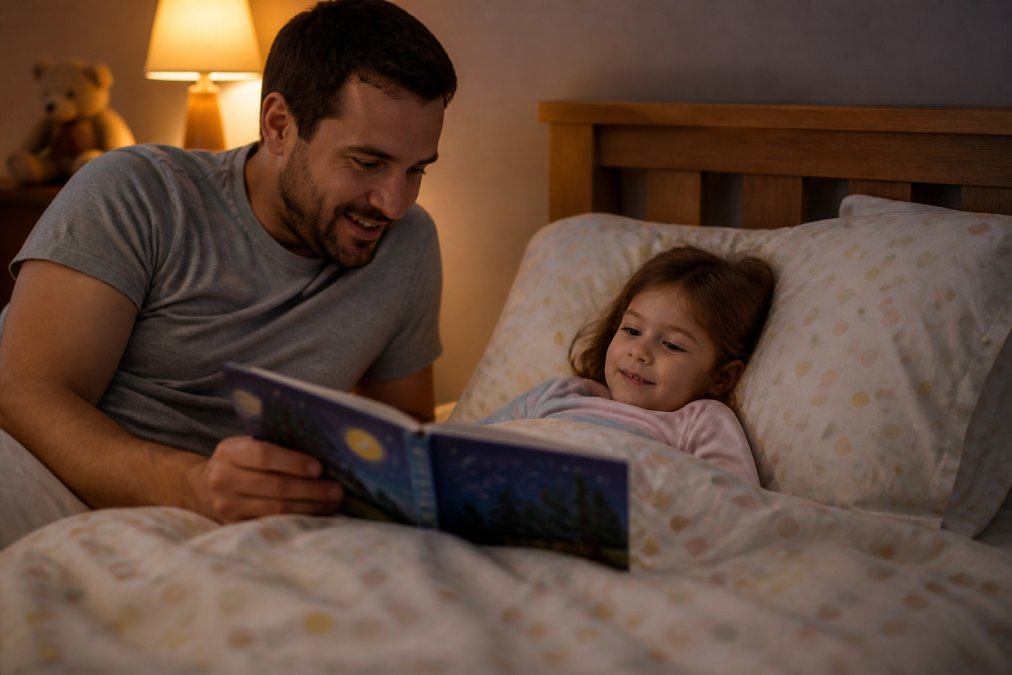 Parent reading a picture book to a young child at bedtime, warm lamp lighting casting soft shadows, child tucked under a duvet in a cosy bedroom