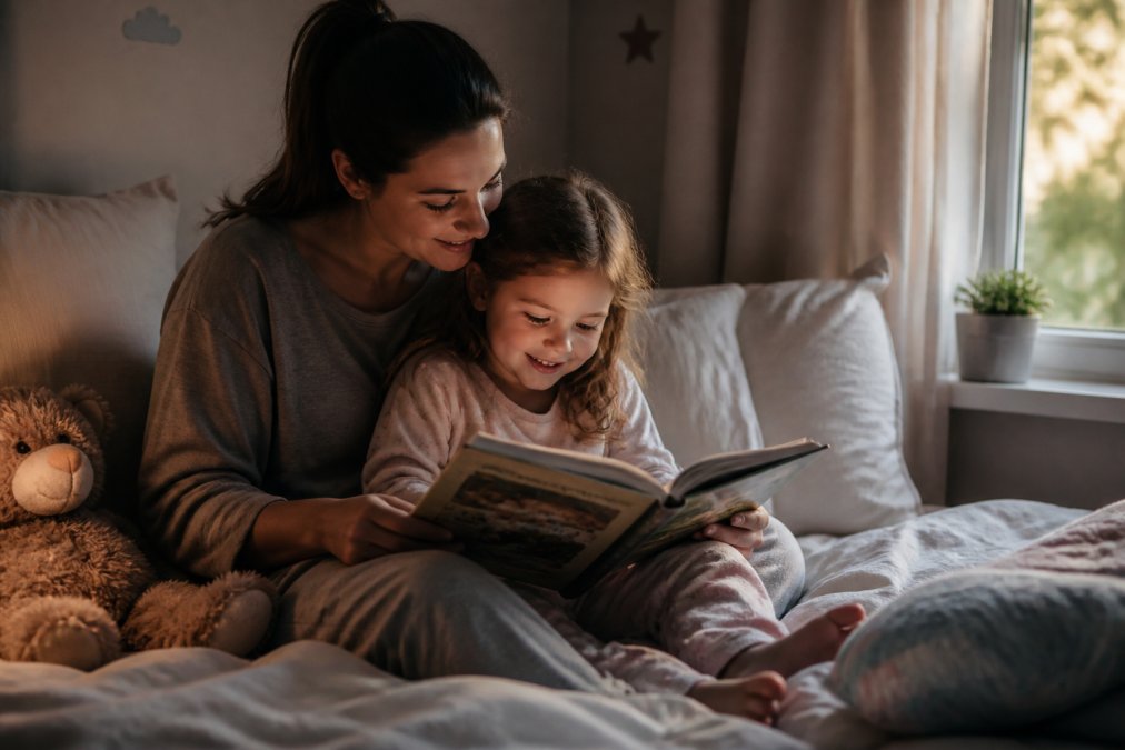 Child and parent sitting together with a picture book, relaxed posture in soft natural light from a bedroom window, pillows visible, bedtime setting