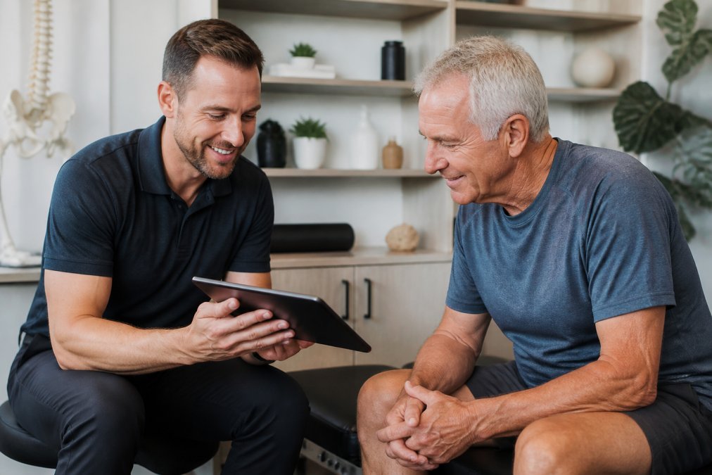 A compassionate practitioner in a modern clinic consulting with a senior patient, discussing a treatment plan on a tablet in warm natural lighting