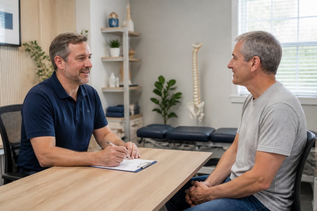 A calm, well-lit treatment room with a chiropractor and a middle-aged patient talking at a desk, both looking relaxed and engaged in conversation