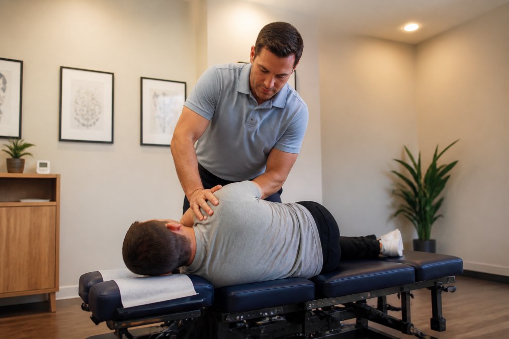 A chiropractor in a clean clinical setting performing a gentle spinal adjustment on a patient lying on a padded treatment table, both appearing calm and professional under warm overhead lighting