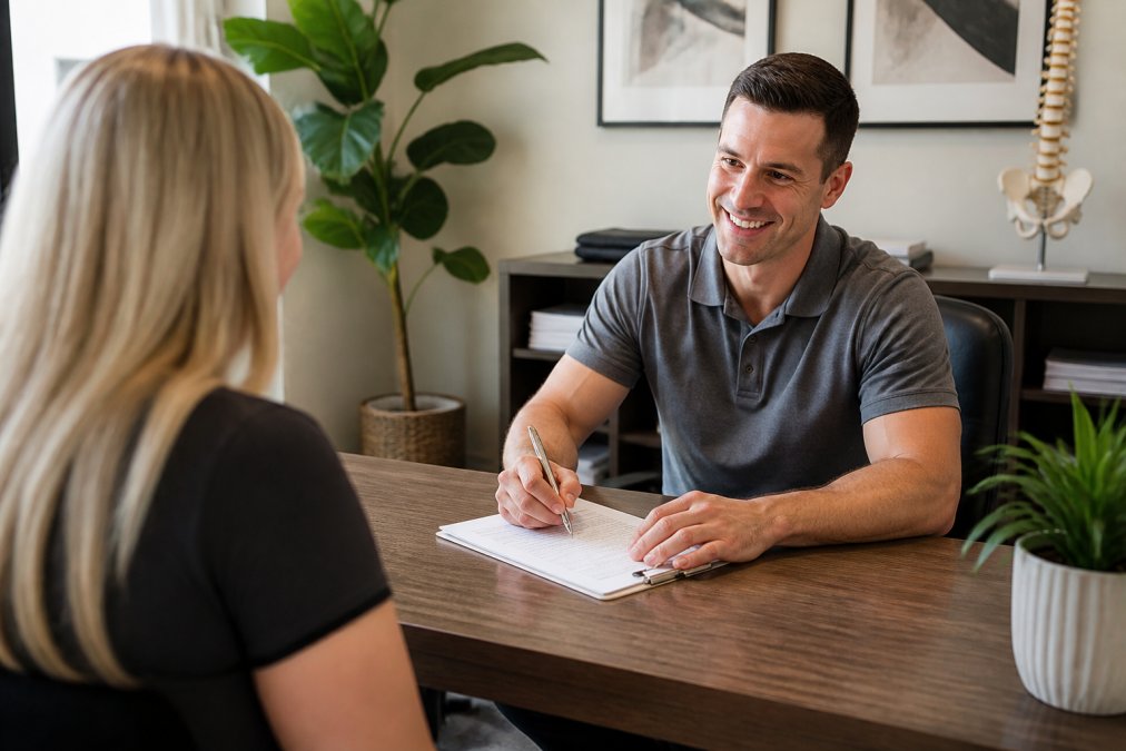 A chiropractor sitting across from a new patient at a desk, reviewing intake paperwork and discussing health history in a welcoming, well-lit office with plants and neutral tones