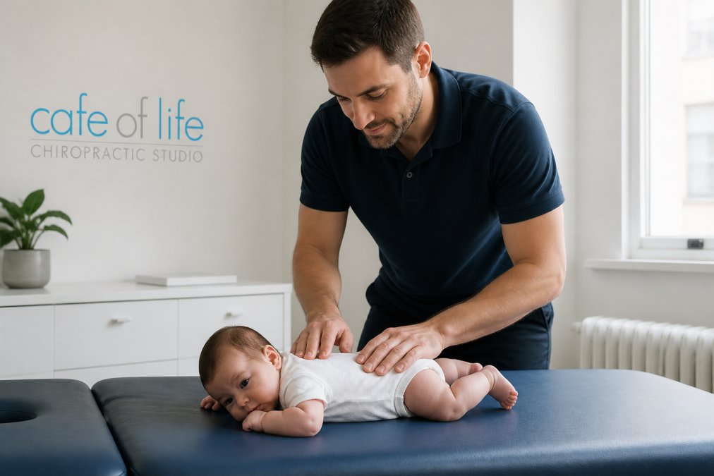 Infographic process showing a gentle infant spinal assessment at the best chiropractic clinic in London